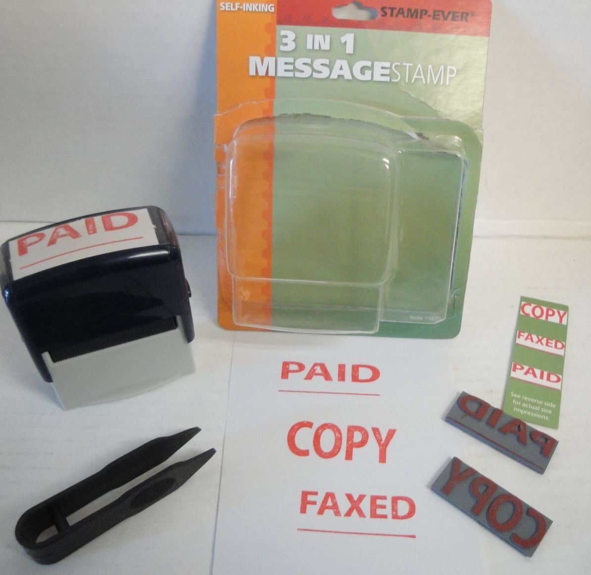 QWIKMARK 3 in 1 Message Rubber Stamp Paid-Copy-Faxed Self-Inking NEW-SEALED