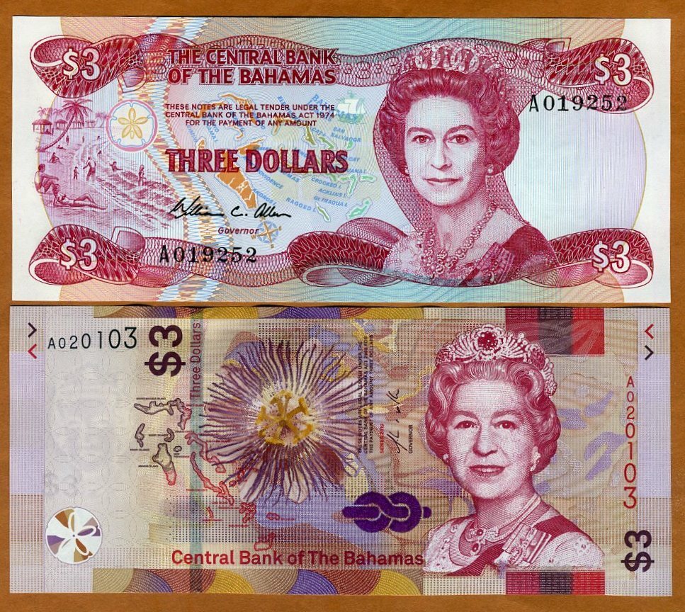 SET Bahamas, 2 x 3 dollars, 1974 - 2019, P-44-New, QEII, UNC Two designs