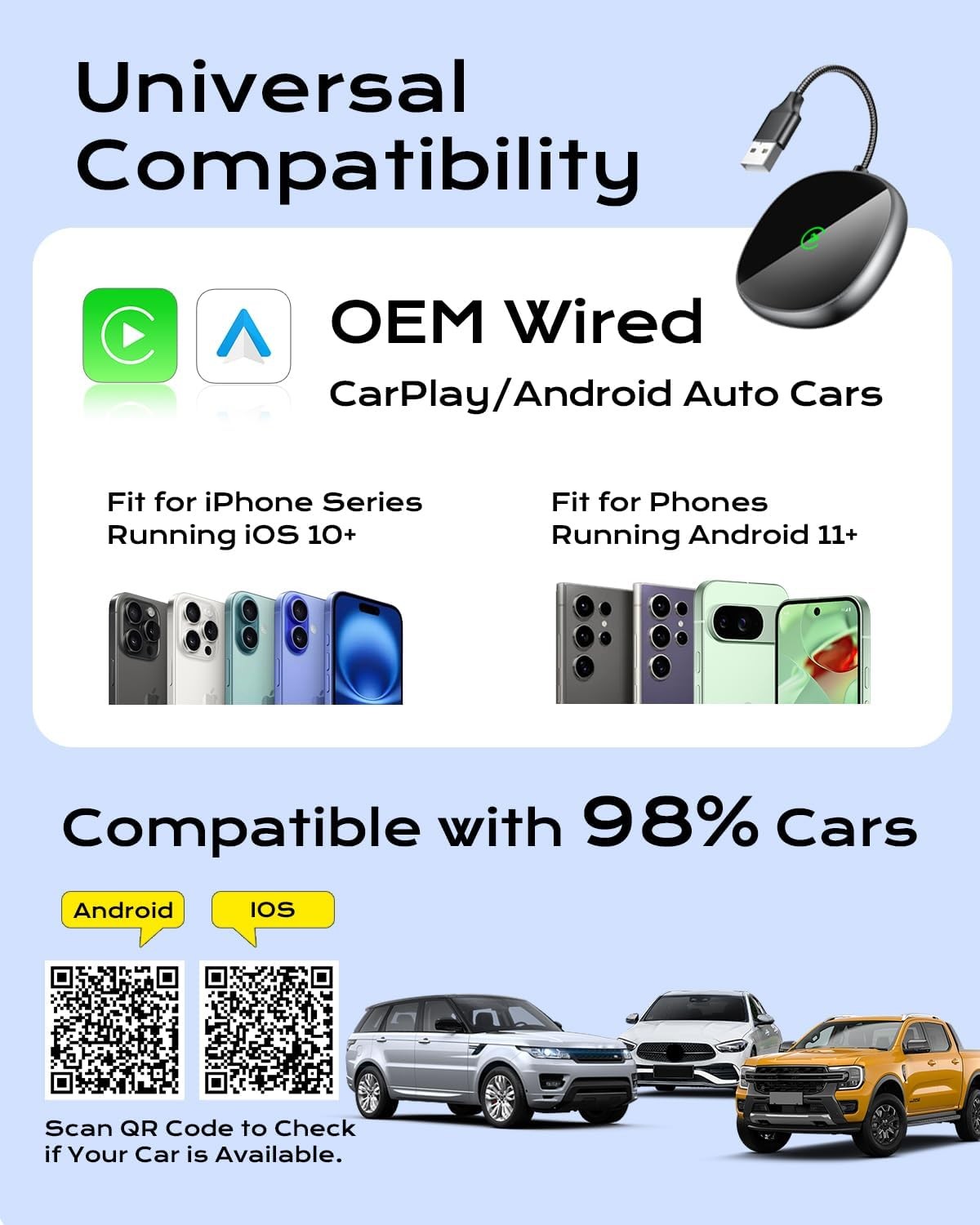 Auto Wireless CarPlay Adapter 2-in-1 for iPhone/Android, Wired to Wireless, Grey