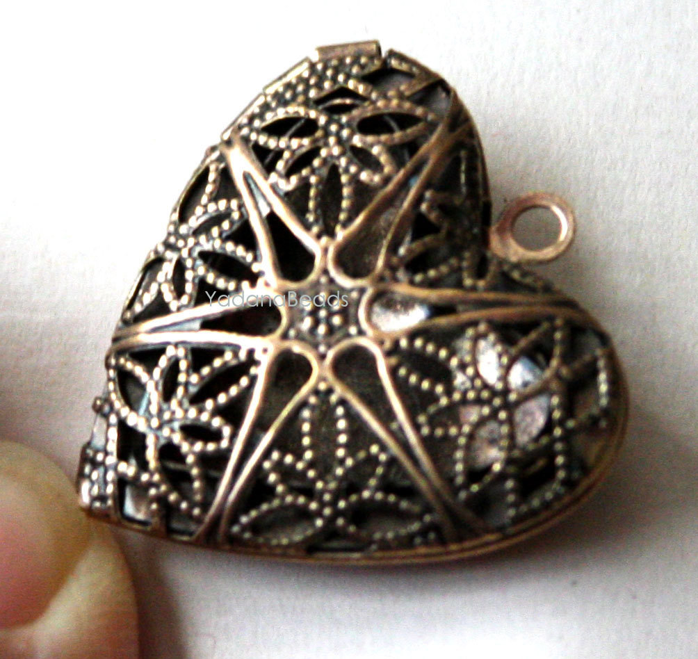 5 Antique Copper Filigree Heart Locket Charm Pendants 25x24x6mm
