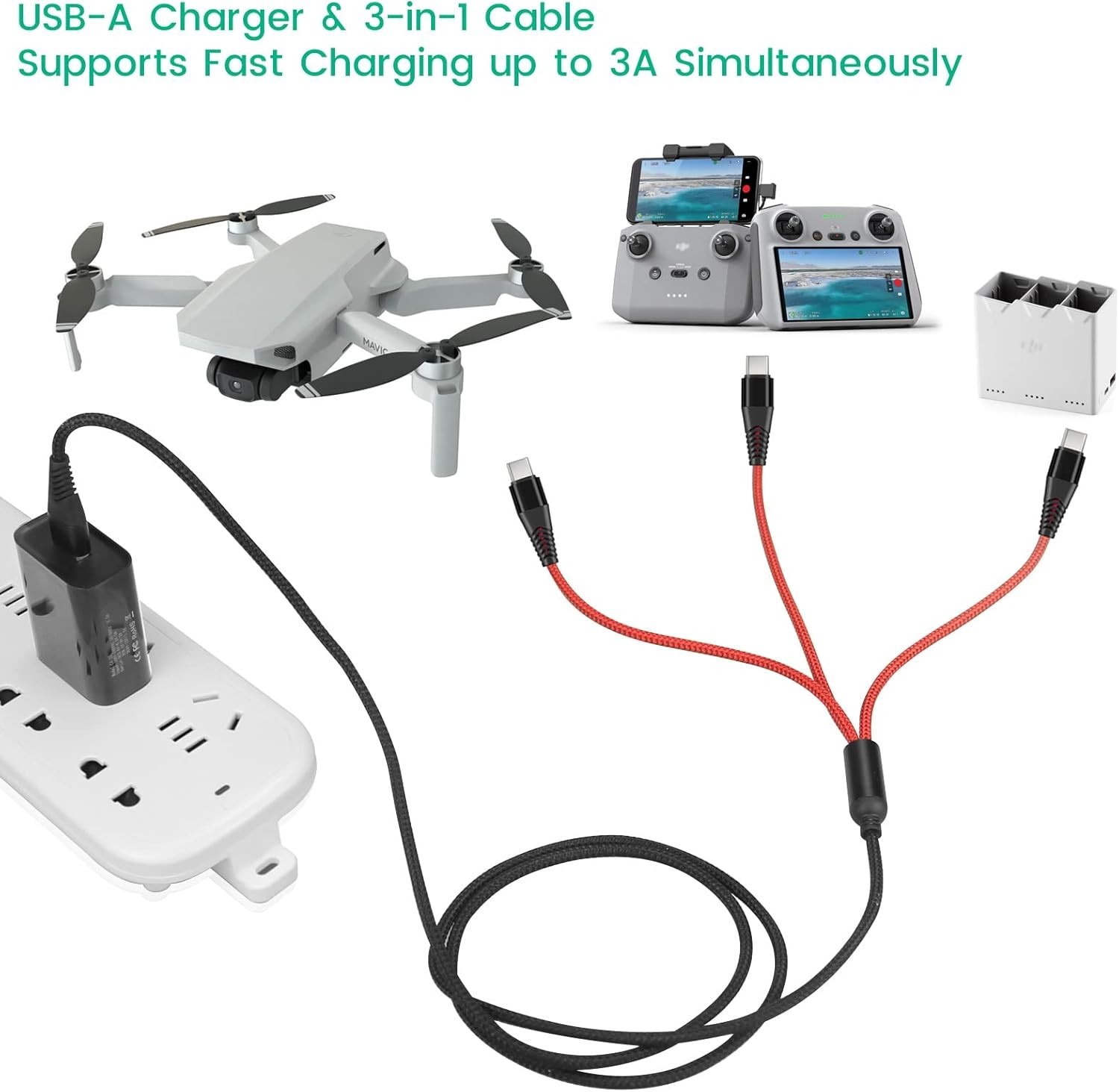 Versatile DJI Drone Charger - 3A USB-C Fast Charging Cable for Multiple Devices