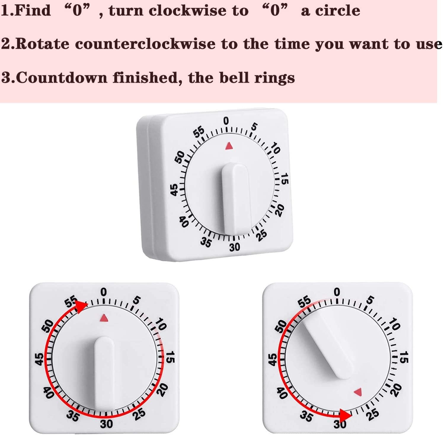 2× Square 60 Minute Mechanical Kitchen Timer Visual Kitchen Cooking Timer Clock