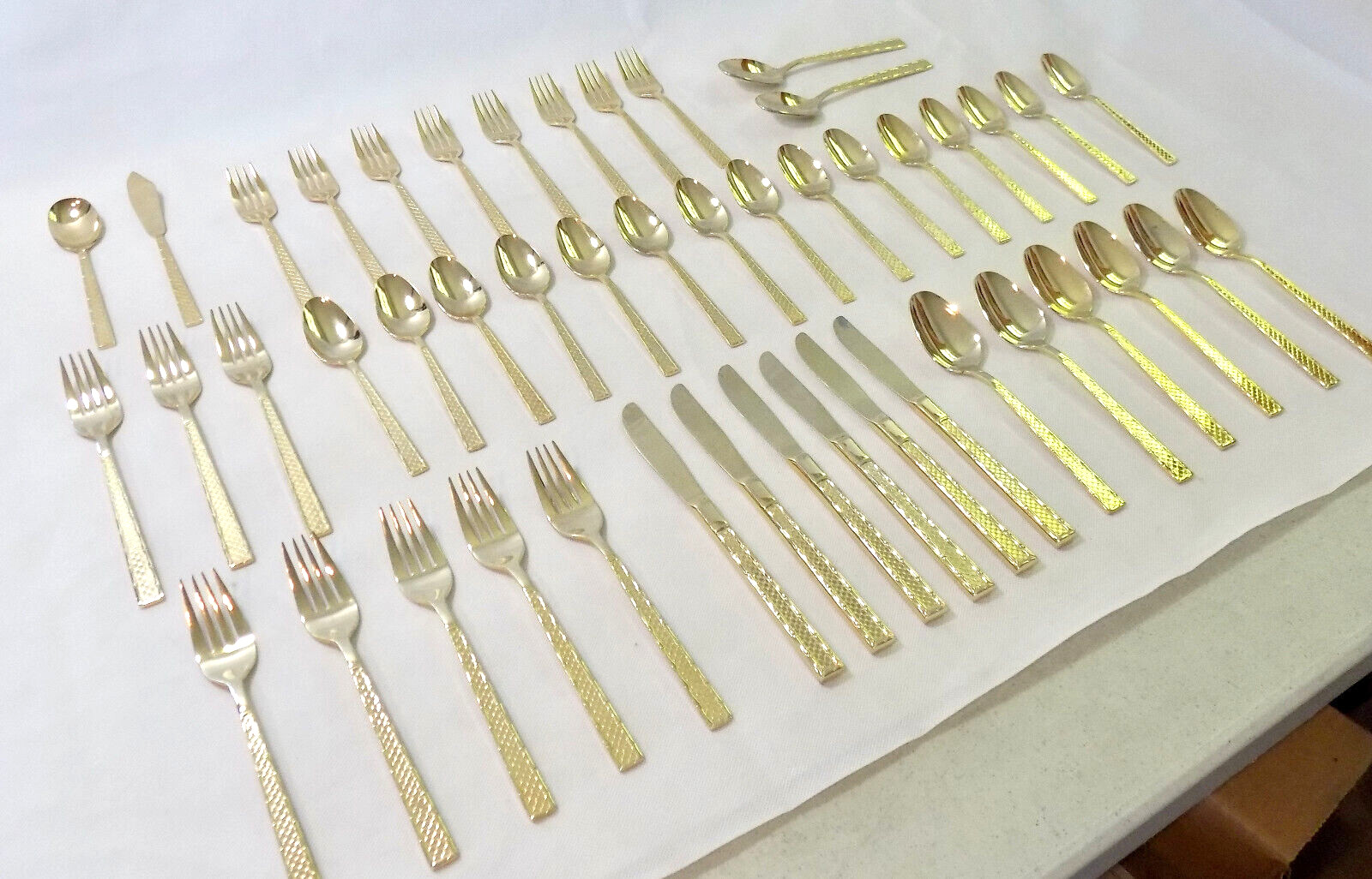 47 pc Stanley Roberts Arbor Pattern Gold Electroplate Flatware Set + Chest
