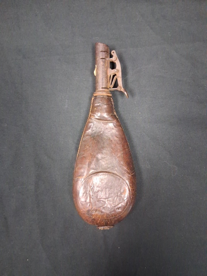 Antique A&M FLASK & CAP CO. ? Leather Embossed Hunting Scene Powder Flask