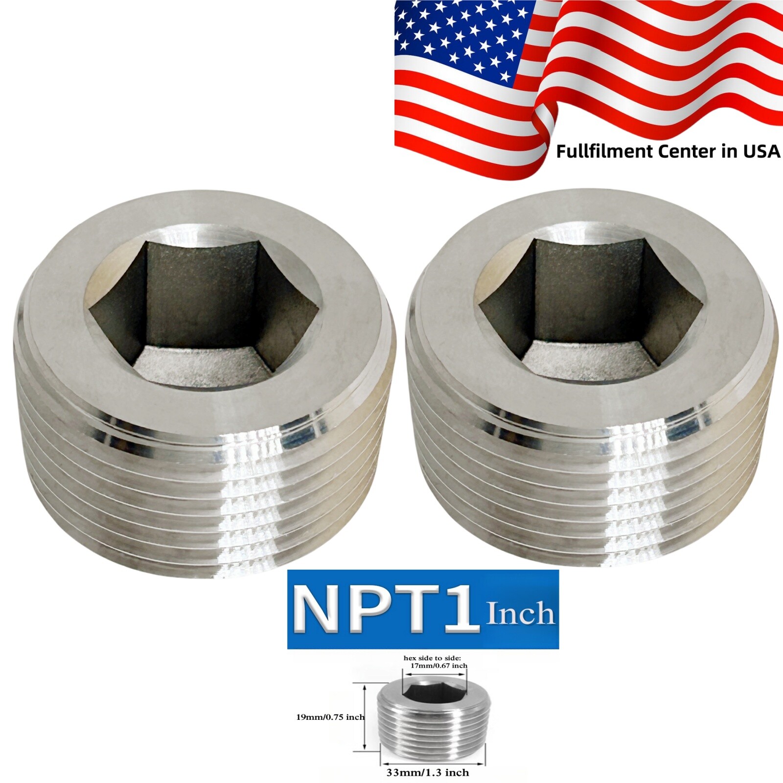Pack of 2, Stainless Steel Pipe Fitting Hex Socket Countersunk Plug 1" NPT Male