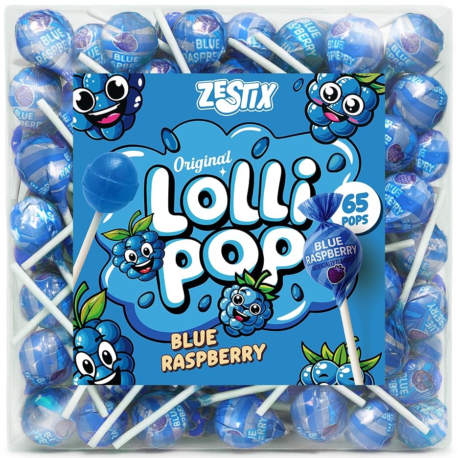 Blue Raspberry Mini Lollipops – 65 Count Bulk Candy Pack, Individually Wrappe...