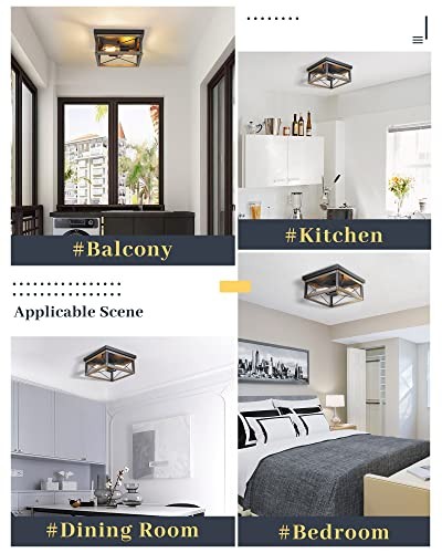 12-Inch Farmhouse Flush Mount Ceiling Light, 2-Light Square Rustic Ceiling