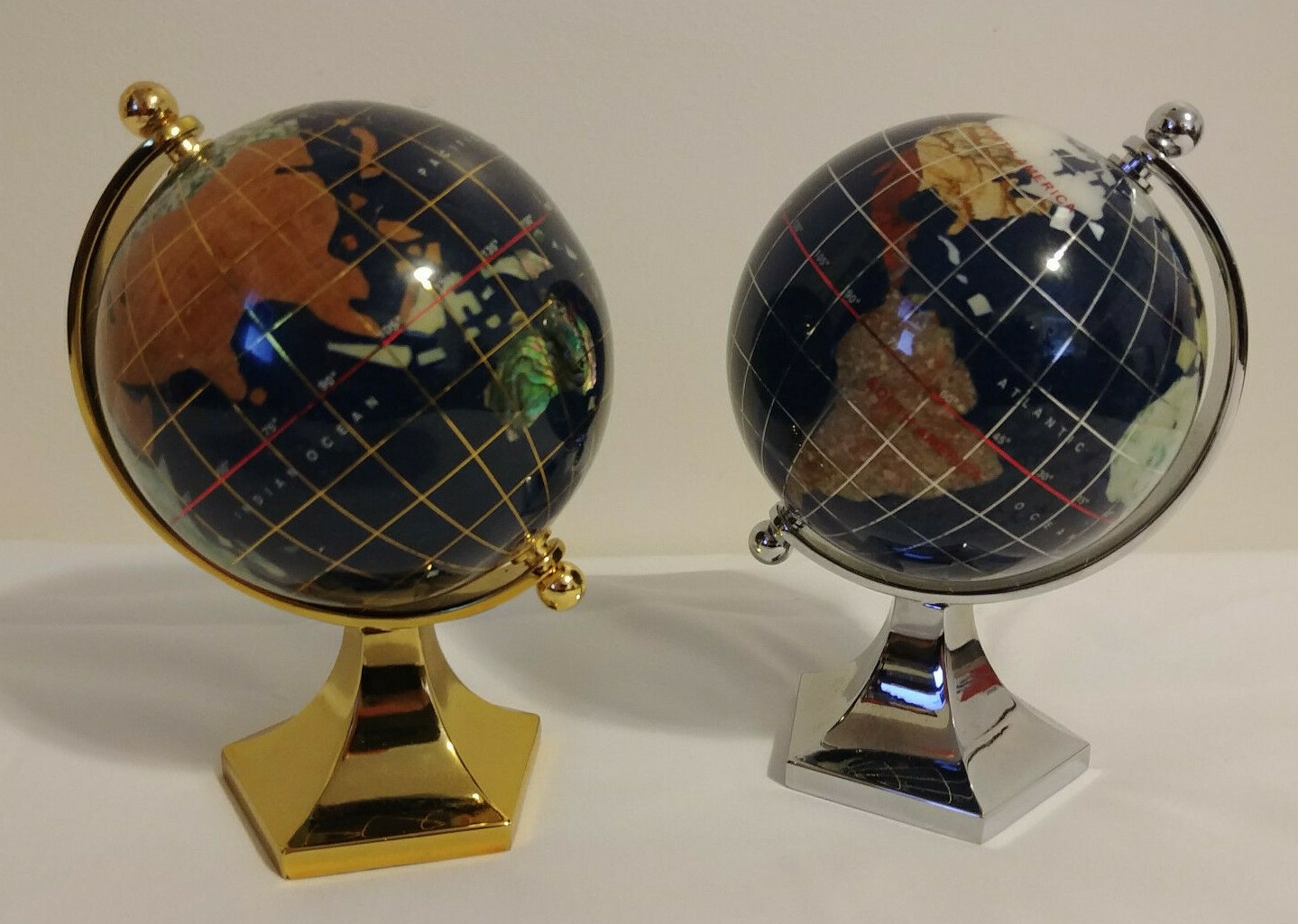 Gold and Silver Pair of 5.5” Decorative Globes Gemstone Map Brass Stand Globe
