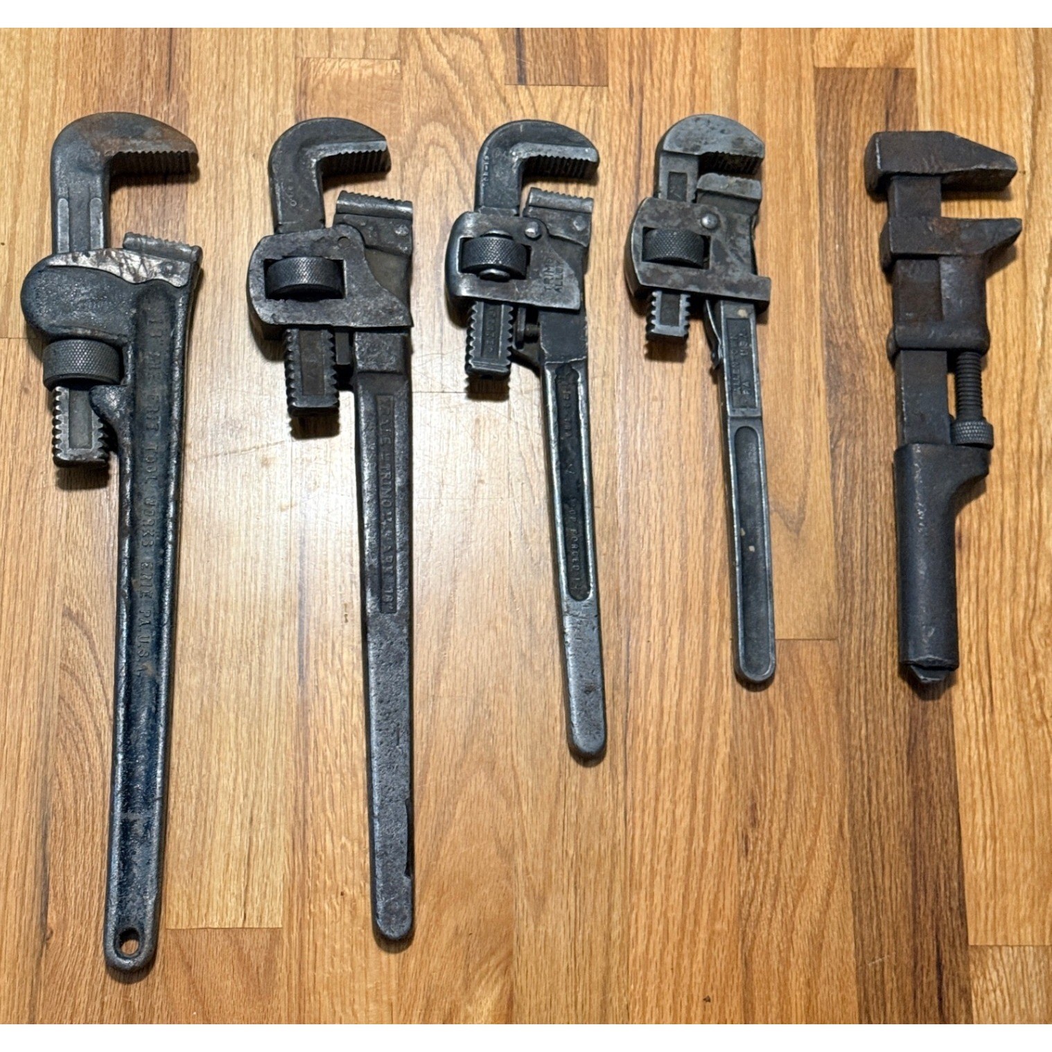 Vintage Pipe Wrench Lot 5pc Trimo Erie Tool Works Industrial Adjustable Tools