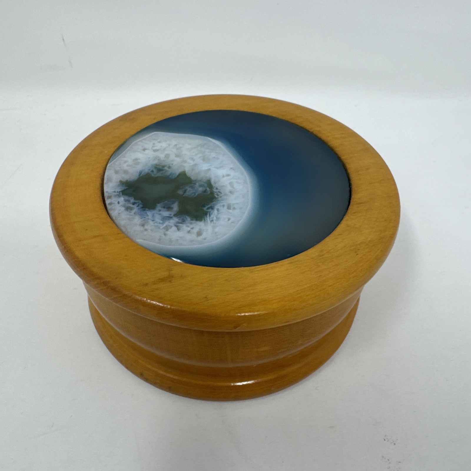 WOOD TRINKET BOX ROUND AGATE LID TOP JEWELRY BOHO