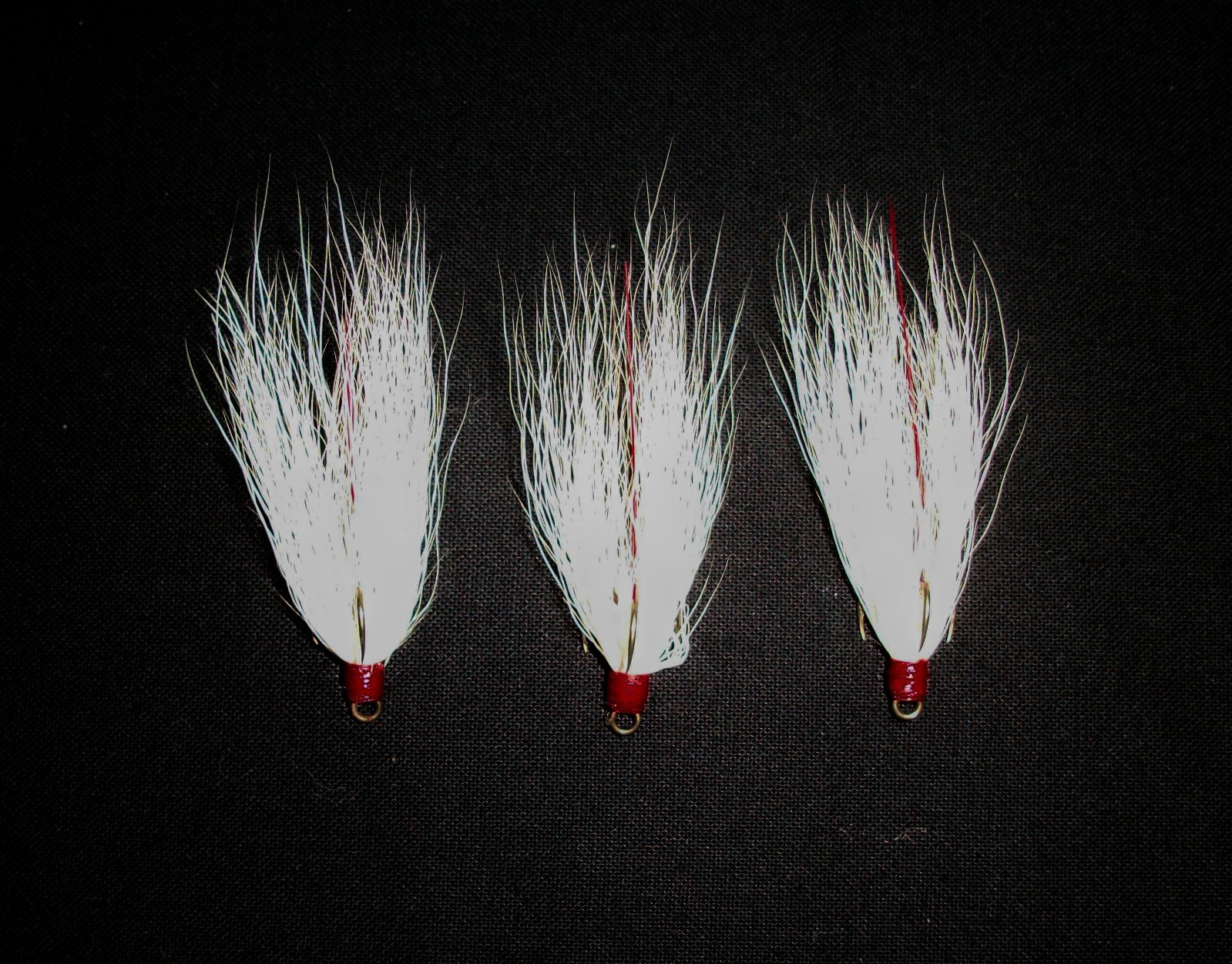 3 Dressed Treble Hooks with WHITE HAIR and Red Feather  * Hook size #10 *