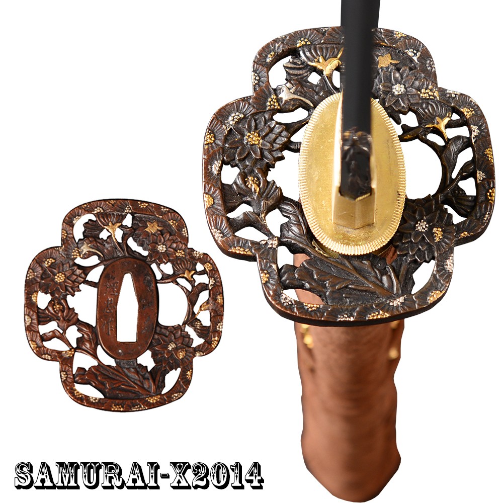 Silver & Gold Plated Flower Brass Tsuba Hand Guard For Japanese Sword Katana