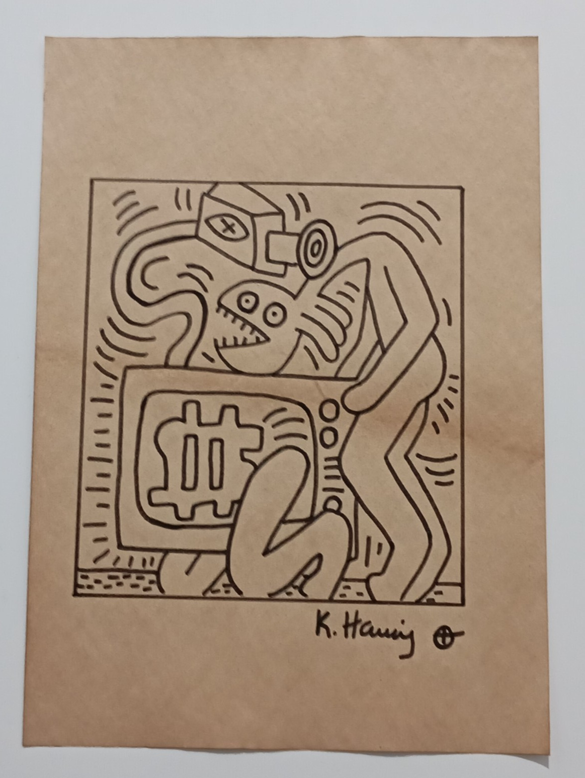 Keith Haring Drawing on paper (Handmade) signed and stamped mixed media.
