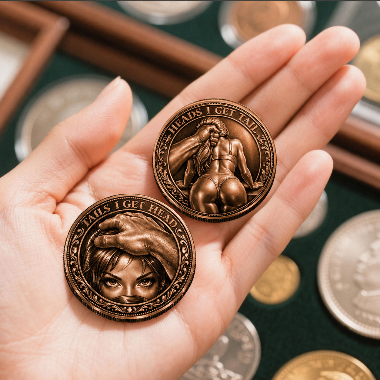Funny Heads or Tails Challenge Coin Bronze