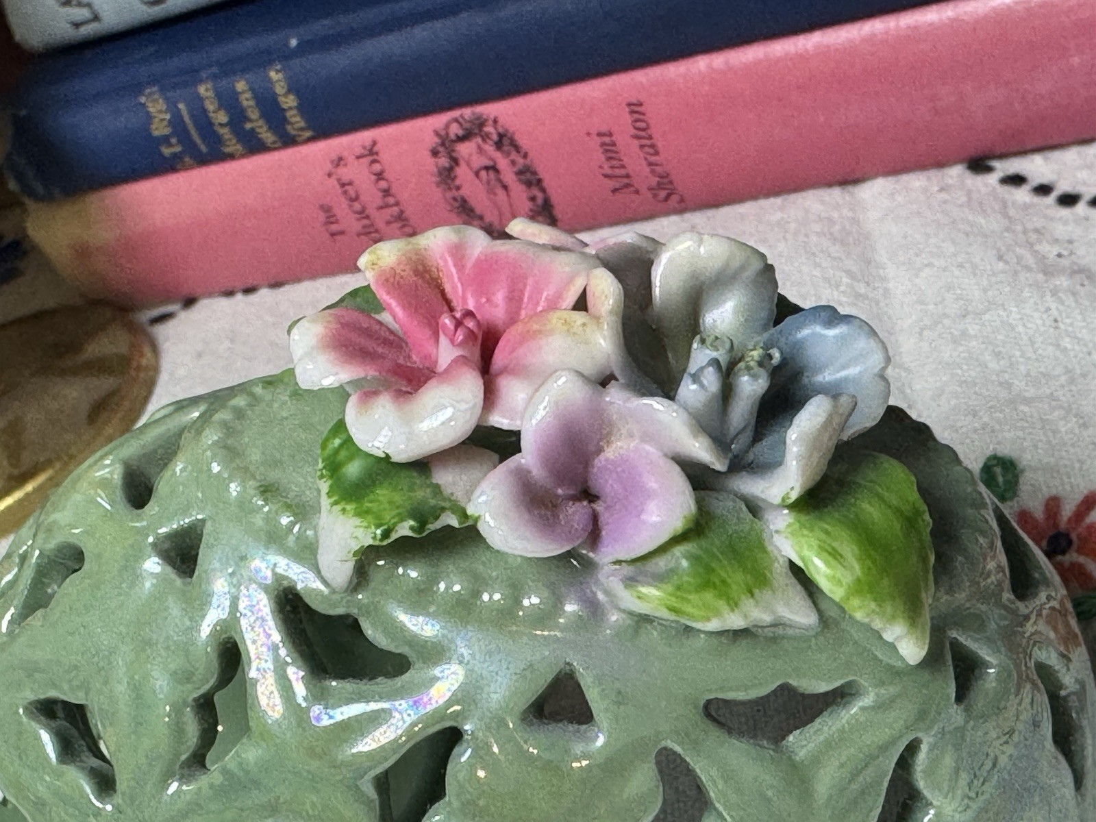 Green Lusterware Floral Easter Egg Shaped Porcelain Trinket Box with Lid
