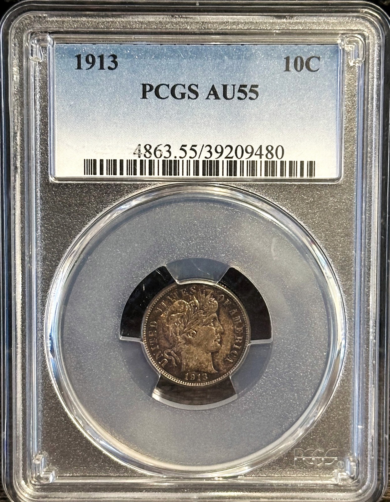 1913 Barber Dime PCGS AU55 • Lustrous Reverse • Original Toned AU Coin 🔥🔥🔥
