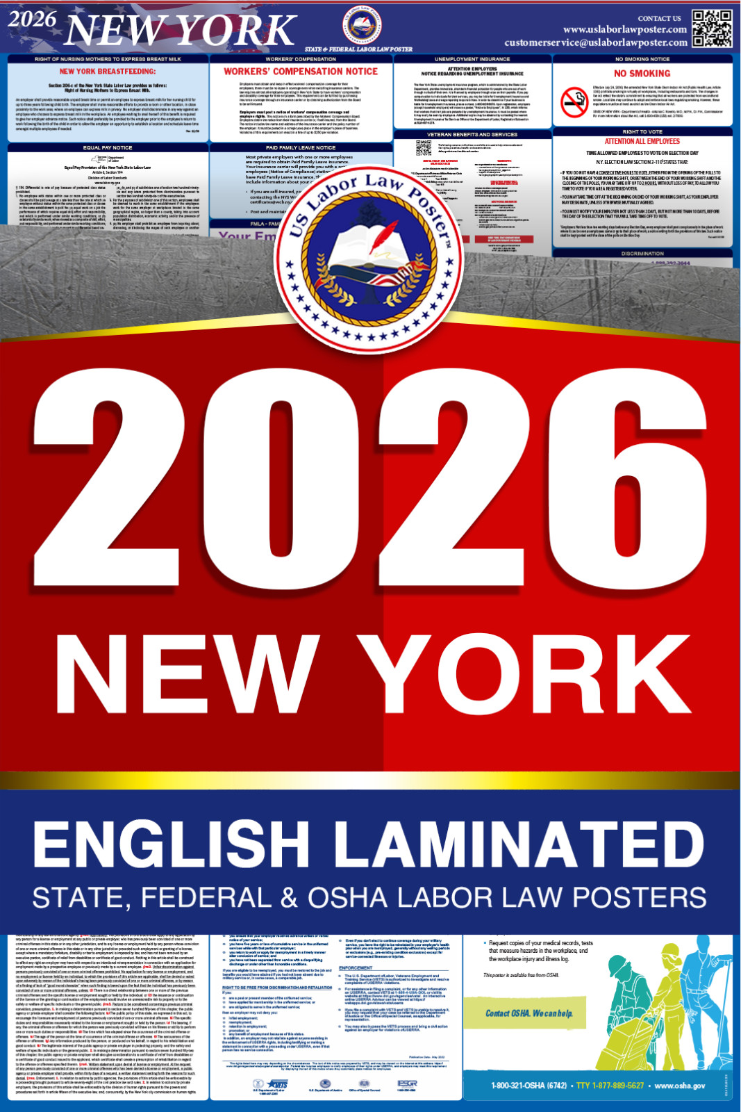 2026 New York NY LABOR LAW POSTER (Federal & State) English Laminated