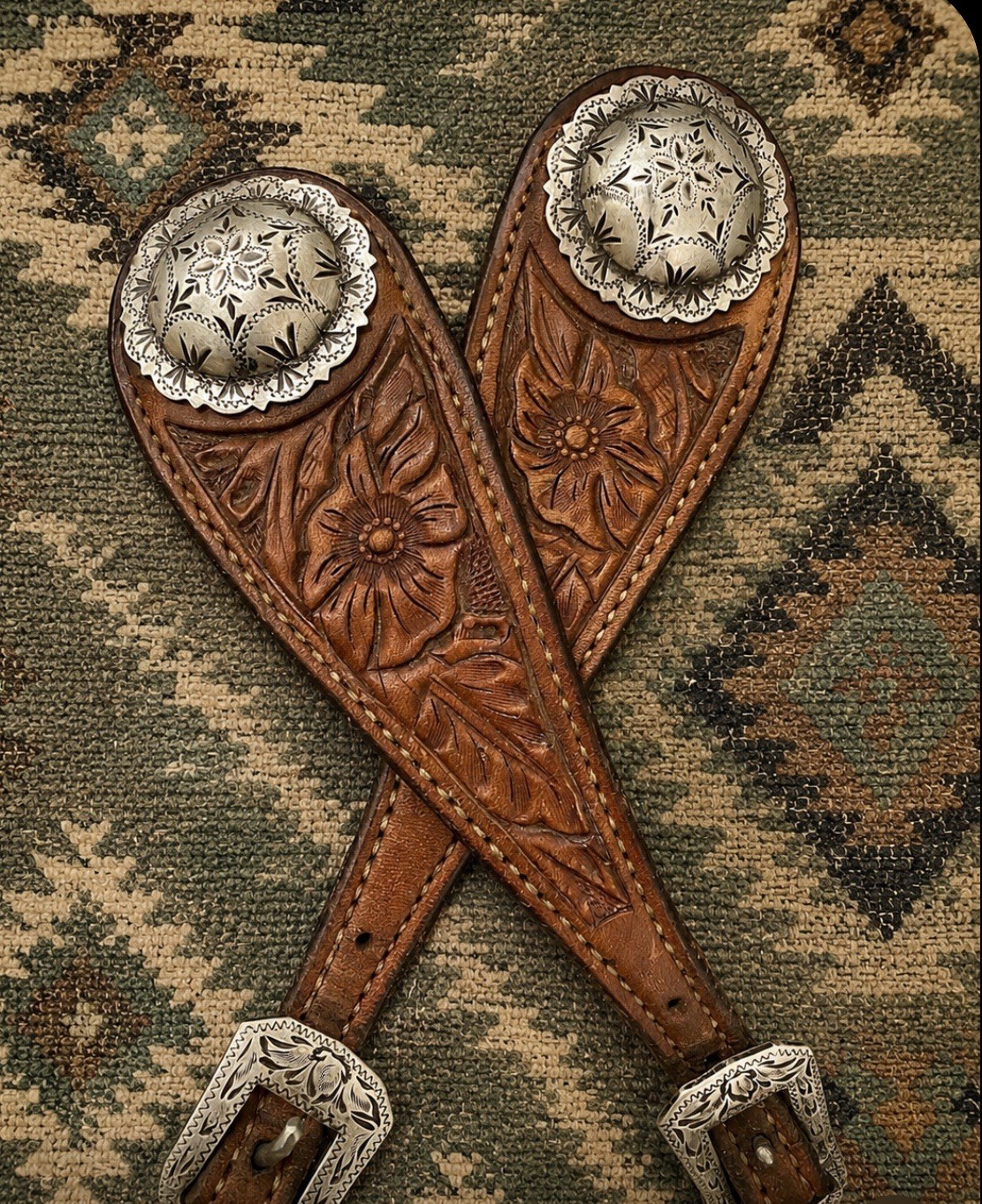 Beautiful Vintage Tooled Spur Straps w/STERLING Silver Conchos Buckles Leather