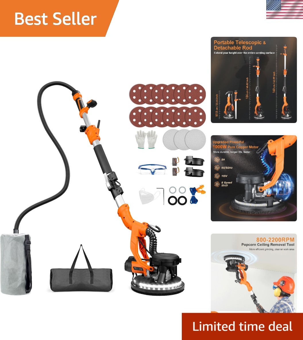 Versatile Drywall Sander with LED Light & Retractable Handle - 15 Discs Included