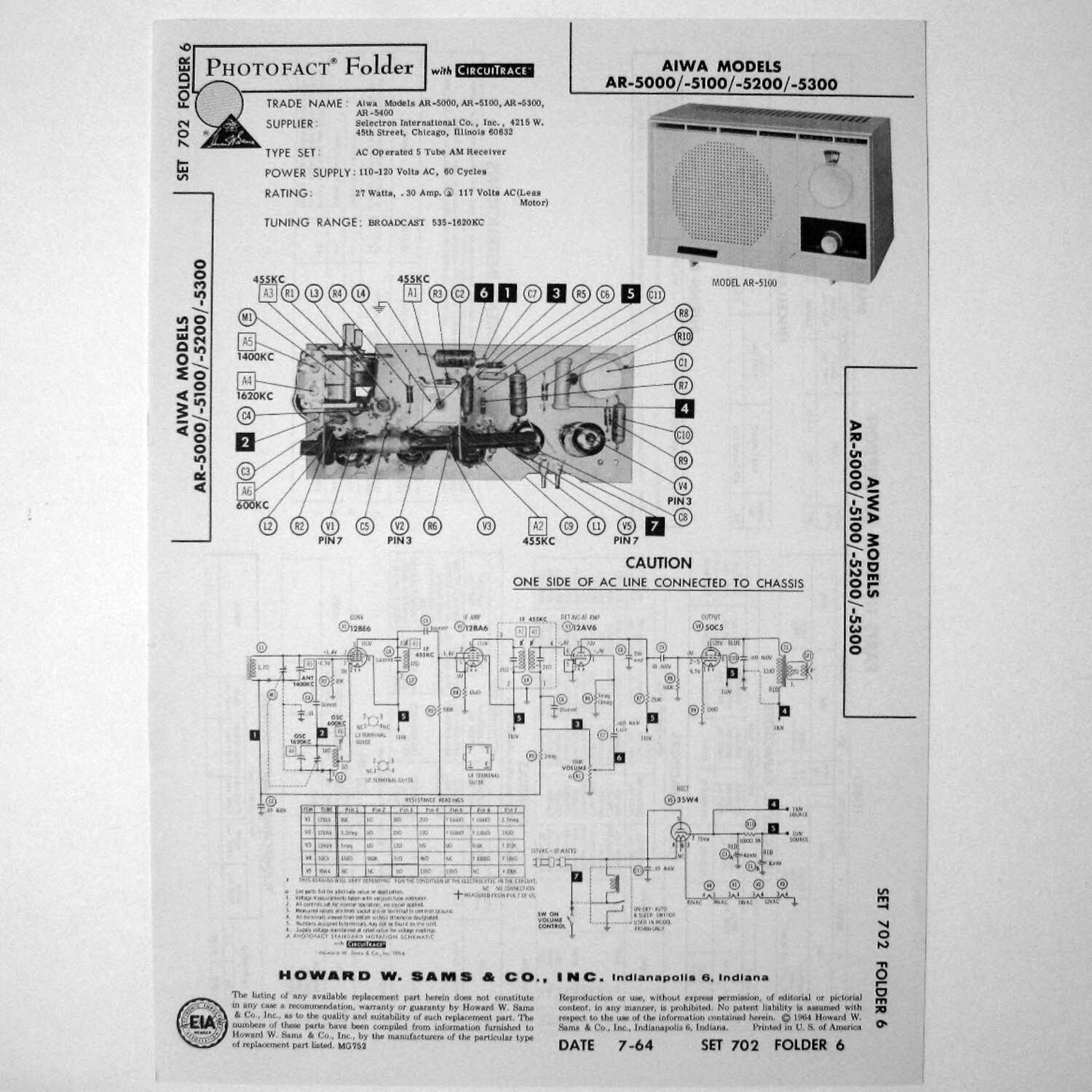 Aiwa Models AR-5000 -5100 -5200 -5300 AM Tube Radio SAMS Photofact ™ 1964 - New