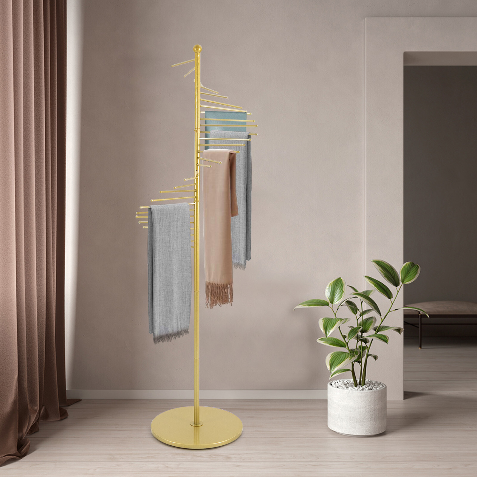 Gold Spiral Scarf Display Rack – Freestanding Elegant Organizer for Accessories.