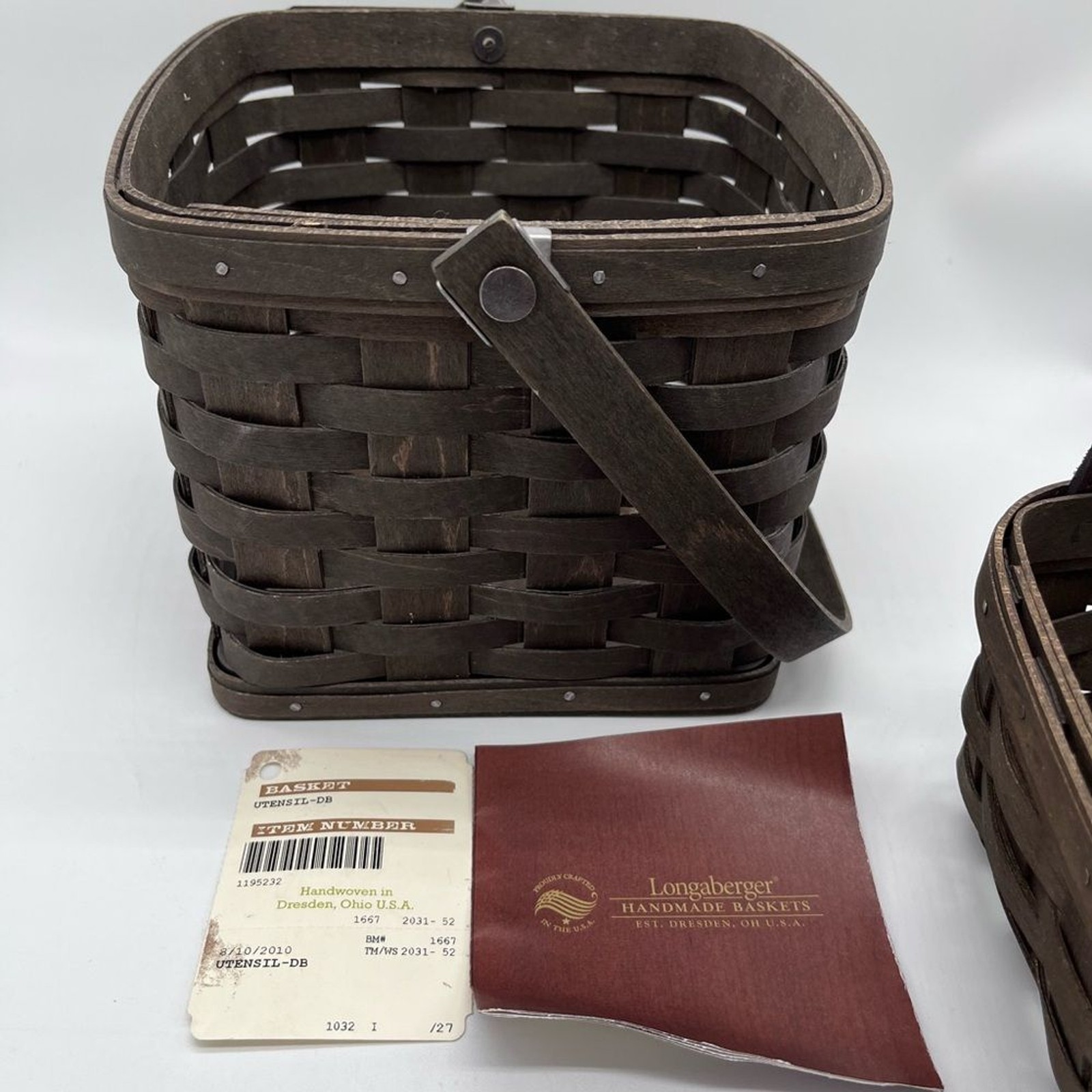 2 Longaberger Baskets Utensil Storage Basket Leather Handles DB Brown