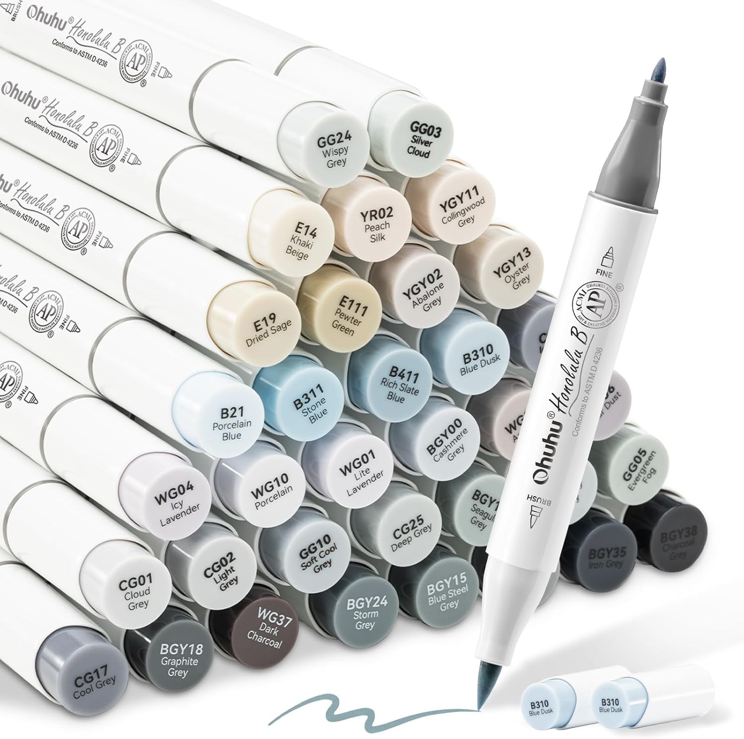 Ohuhu Alcohol Markers Brush Tip 36 Grayscale Colors w/ 1 Blender - Fine & Brush