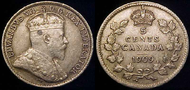 CANADA 1909 Pointed Leaves Silver Five Cents XF **