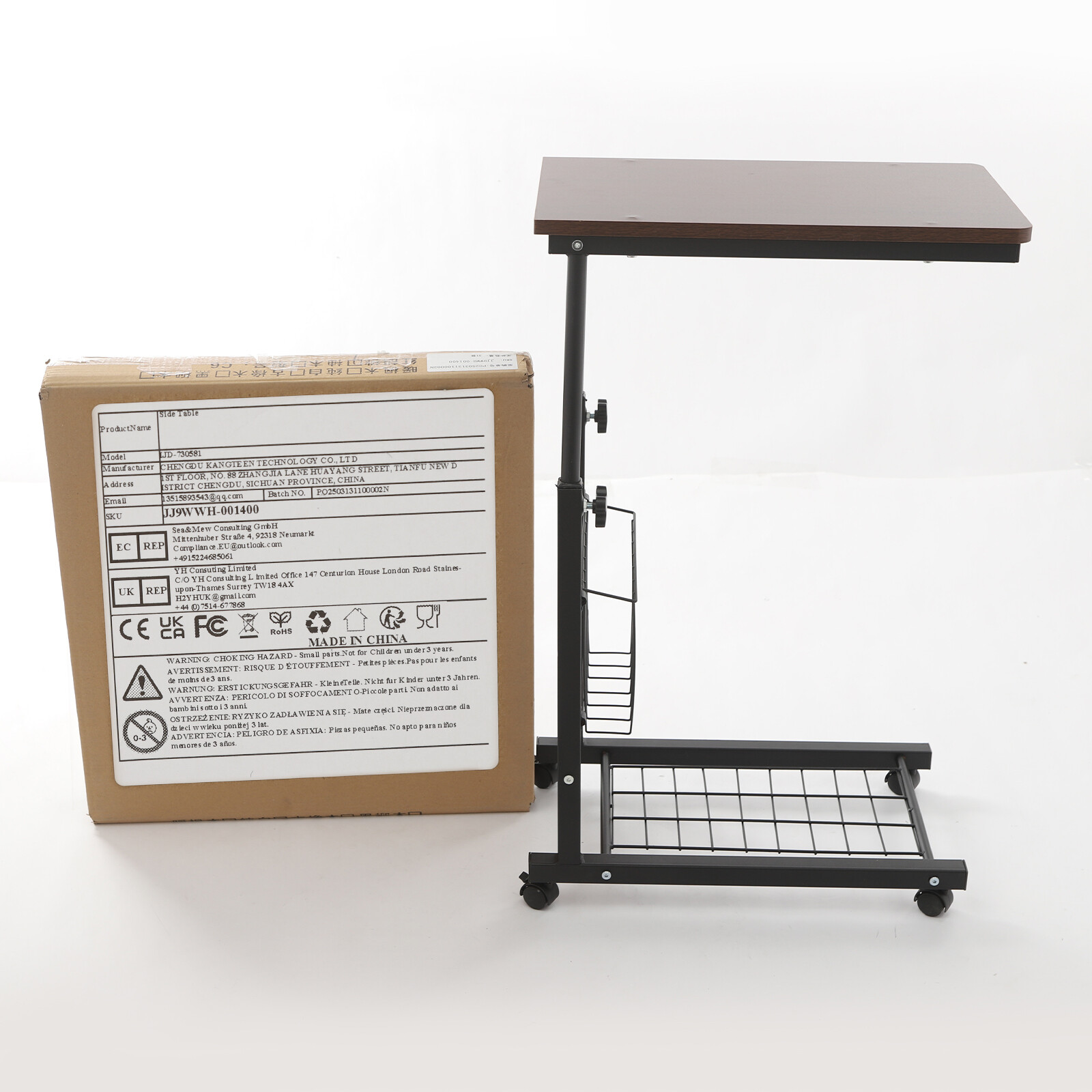 Height-Adjustable C-Shaped Bedside Table 2-Tier Red Walnut with Locking Wheels