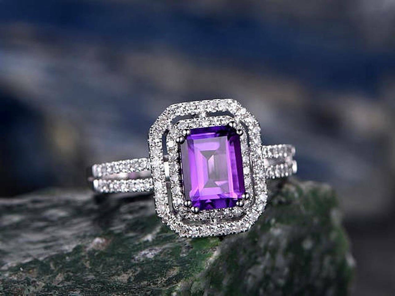 Lab-Created 2.90 Ct Emerald Cut Purple Diamond Wedding Ring 925 Sterling Silver