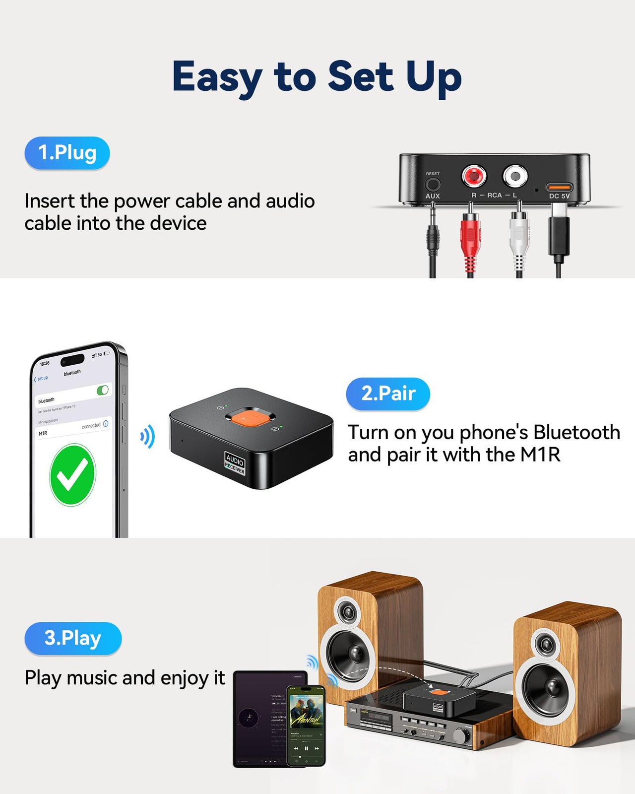 MiiTeeks 6.0 Bluetooth to RCA Adapter for Stereo Receiver-Long Range Low...