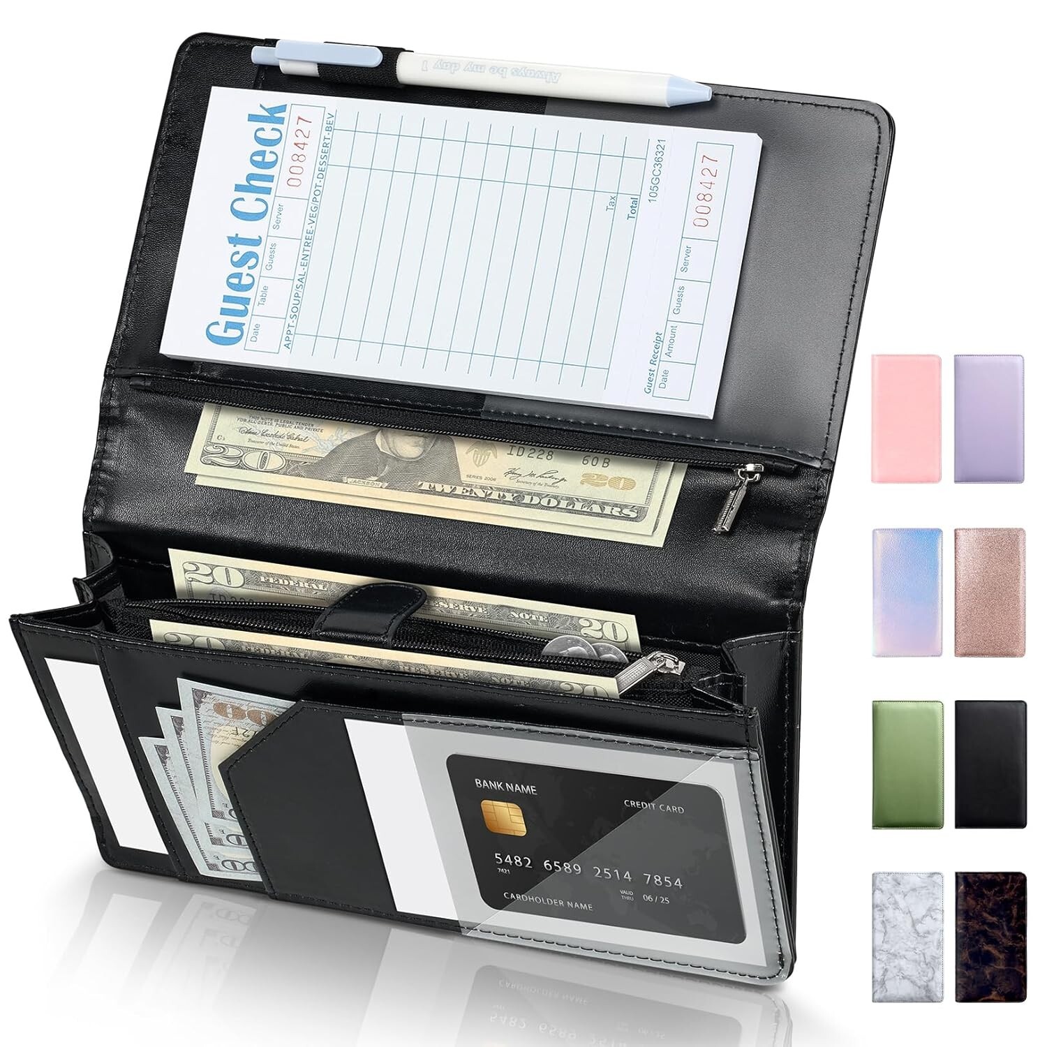 Server Book 5"x9" High Volume with Zipper Magnetic Pocket Black for Waitress