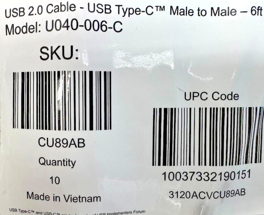 Tripp Lite U040-006-C USB 2 Cable - USB Type-C Male to Male - 6ft  LOT OF 10
