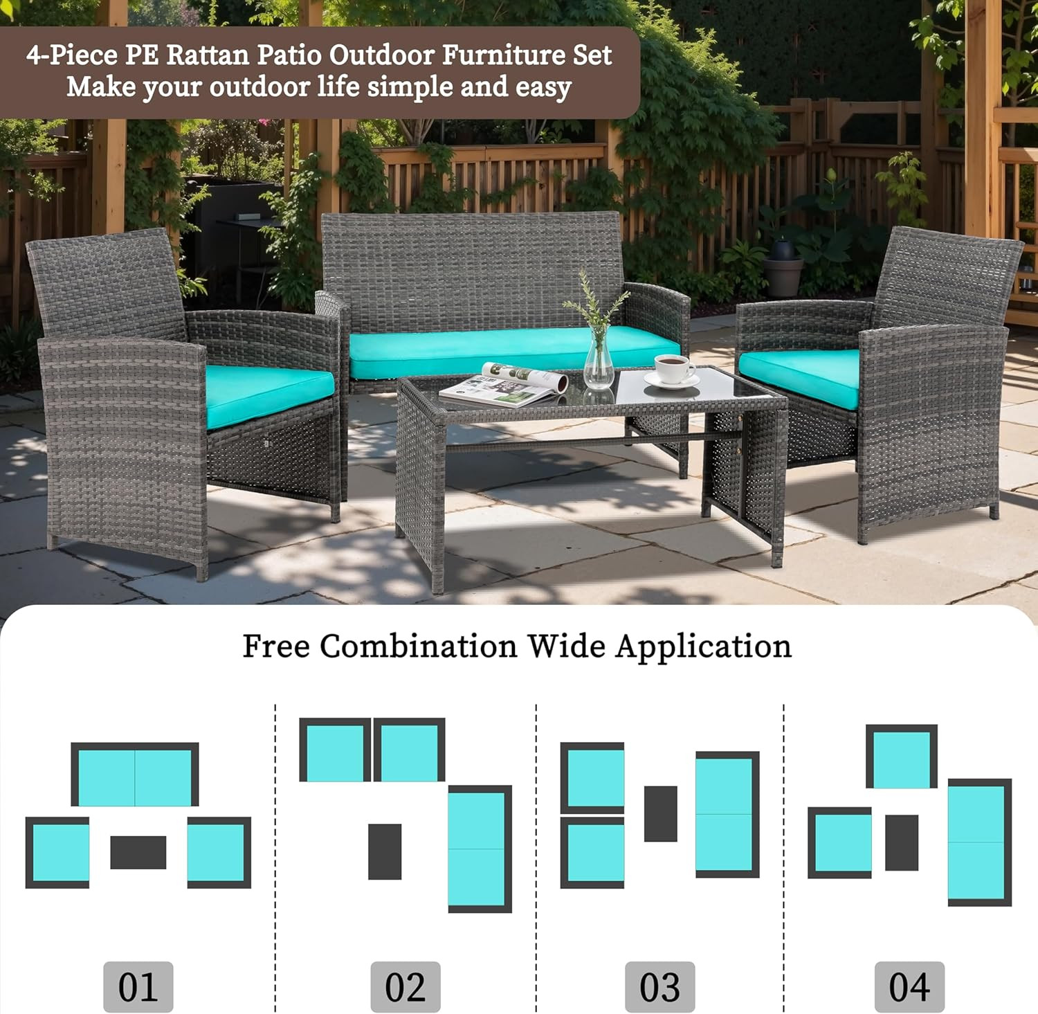 4 Piece Patio Ratten Set Outdoor Furniture Set Wicker Conversation Sets with Cus
