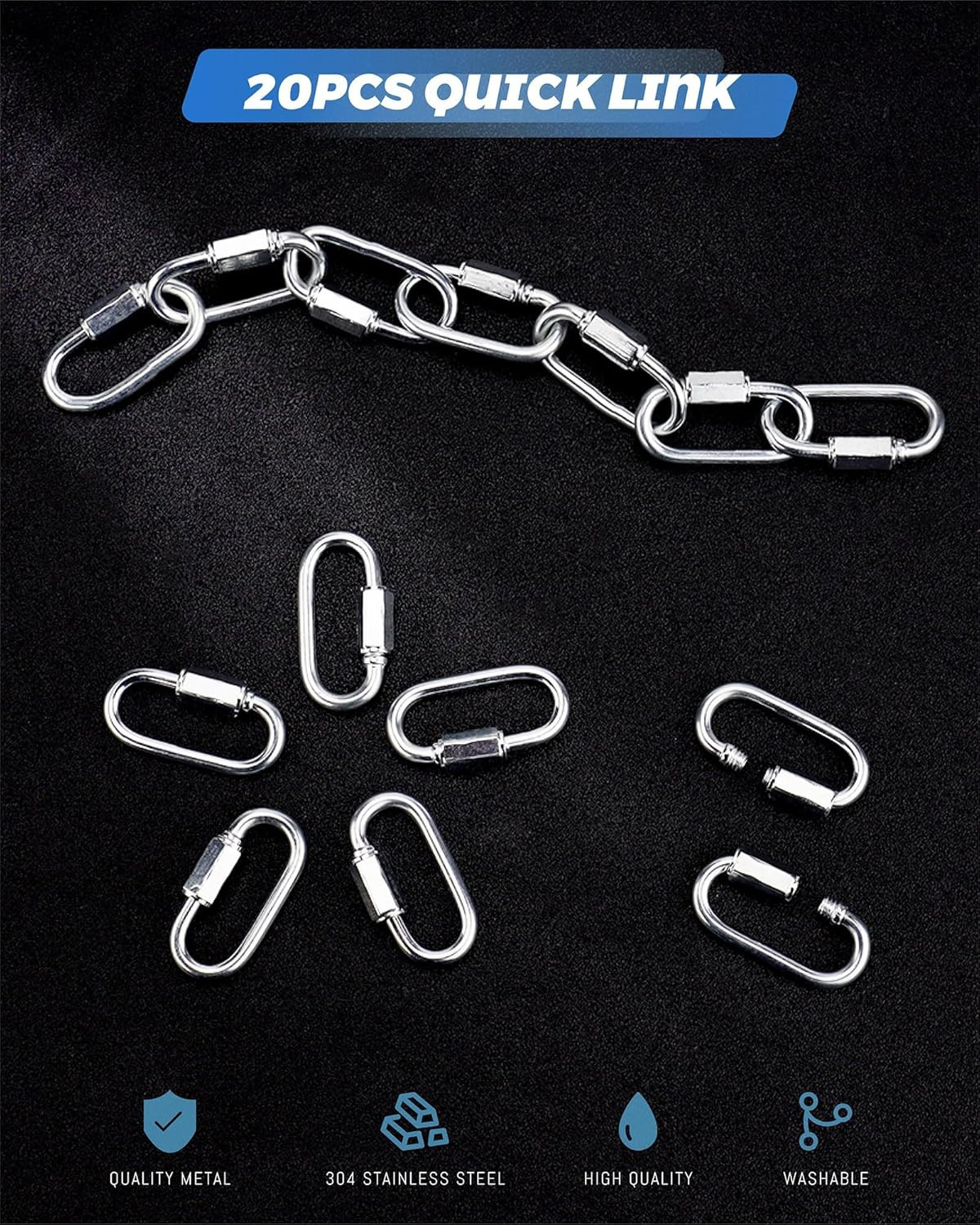 20 Pack Alloy M3.5 Chain Link, 1/8 Inch D Shape Locking Quick Chain Repair Links