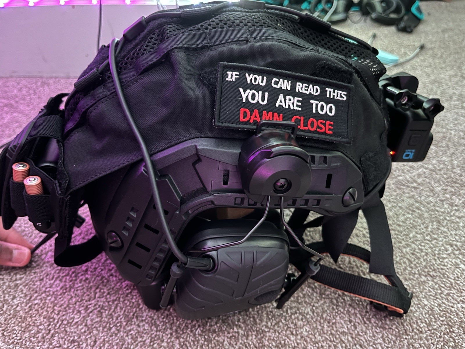Airsoft Helmet With Headphones, Battery Pack, And Gopro Mount
