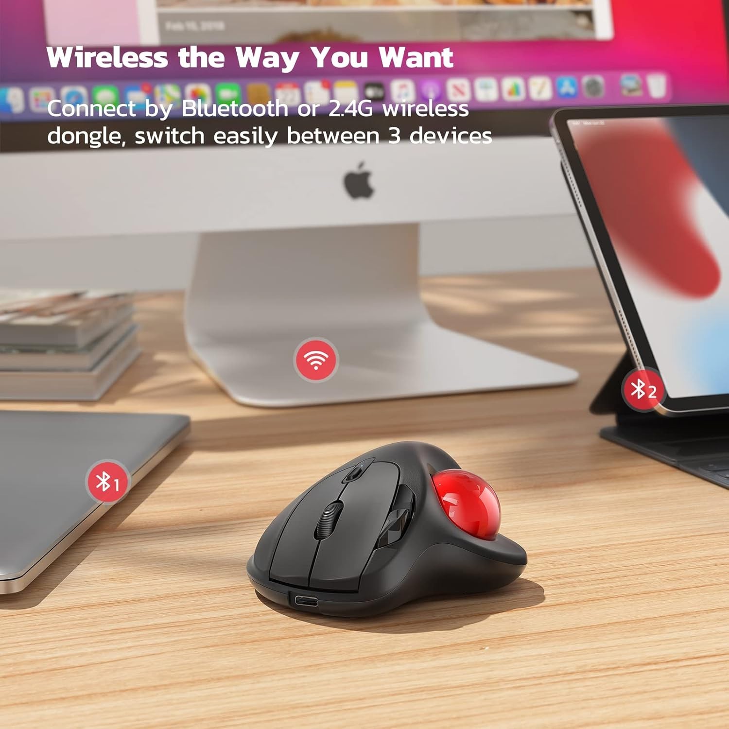 M501 Wireless Trackball Mouse, Rechargeable Ergonomic, Easy Thumb Control, Pr...