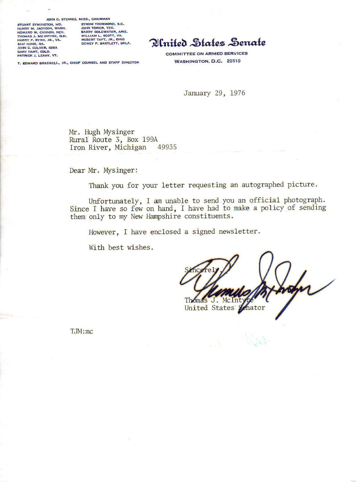 THOMAS McINTYRE (d.1992) - U.S. Senator (D-NH)(62-79) - Autograph Letter