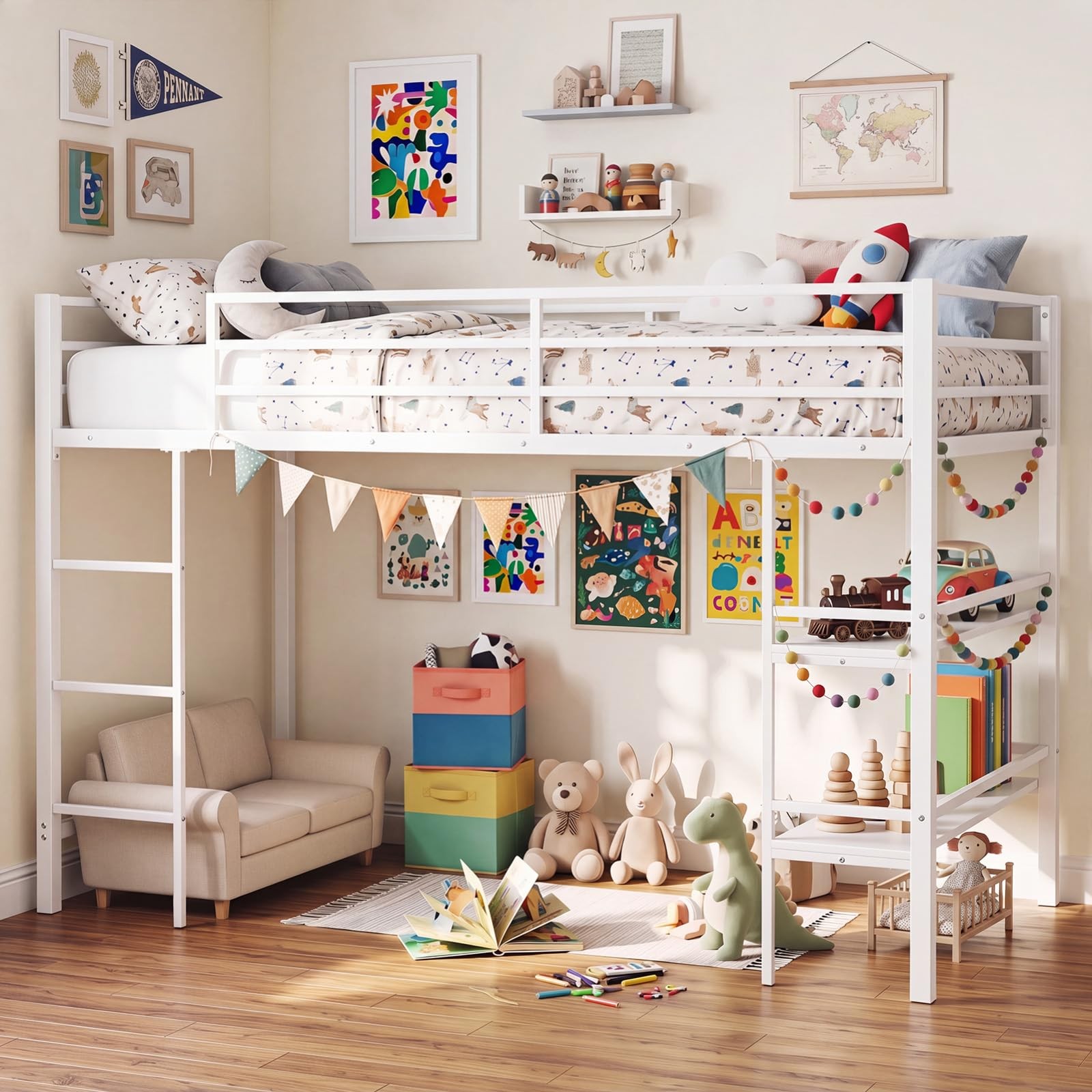 Low Loft Bed Twin Size, Heavy Duty Metal Frame w/Storage Shelves, Ladder & Fu...
