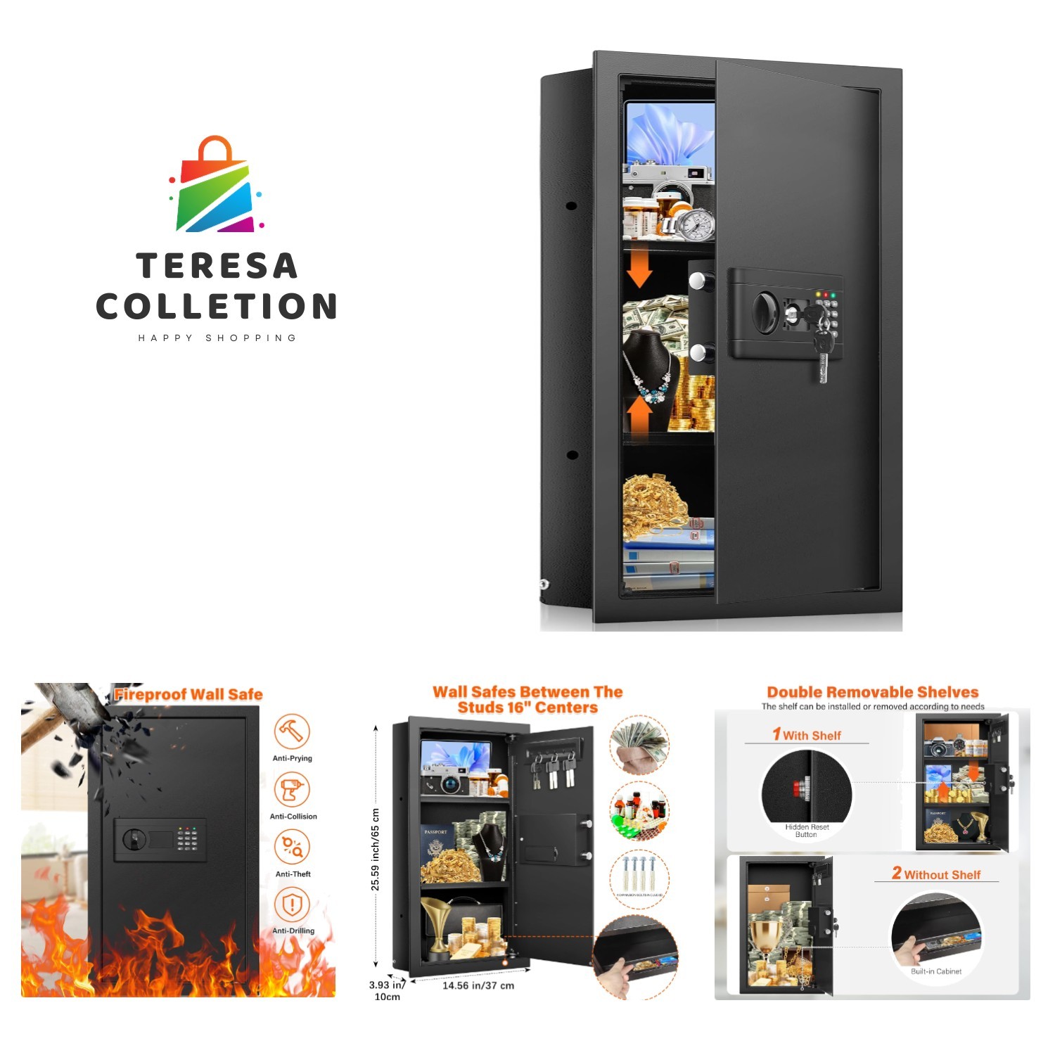 25.6" Tall Fireproof Wall Safes Between the Studs 16" Centers, Hidden Wall Sa...