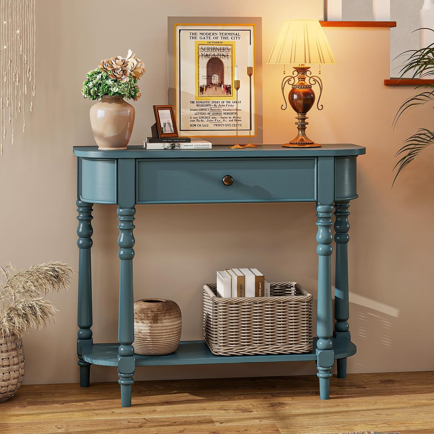 2-Tier Console Table, 36" Retro Entryway Table with Storage Drawer & Elegant Leg