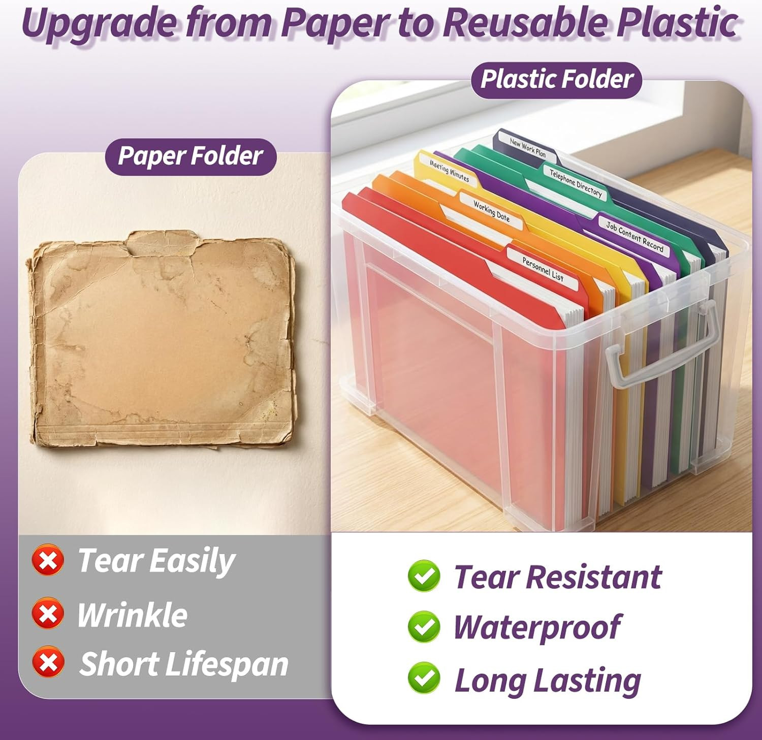 Plastic File Folders with Tabs, 6 Pack Colored Plastic Folders, 1/3 Cut Tabs