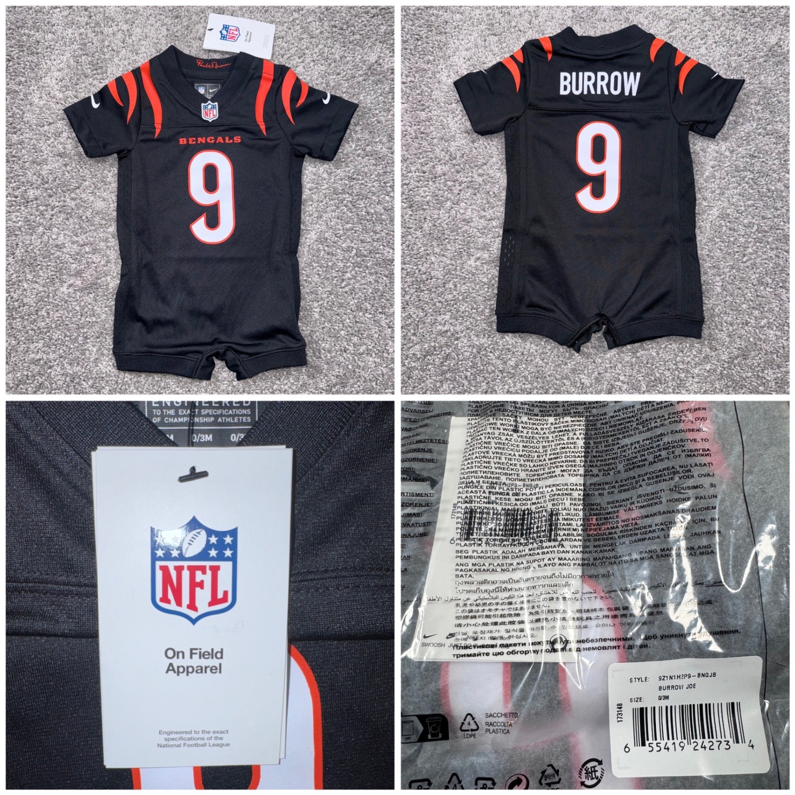 Joe Burrow Cincinnati Bengals Nike Jersey Romper Kids Black 0/3M NEW