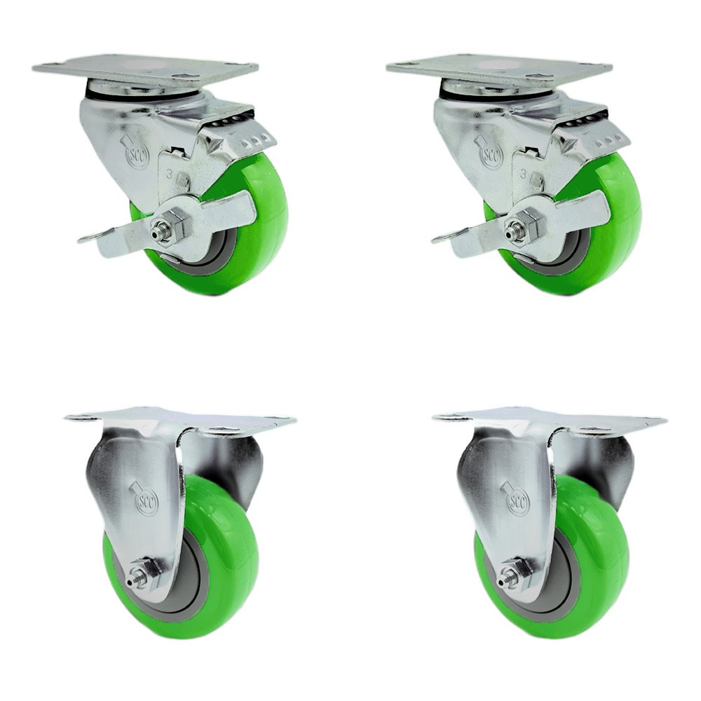 3 Inch SS Green Polyurethane Top Plate Caster Set with 2 Brake 2 Rigid SCC