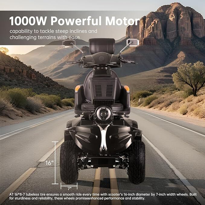 1000W 4 Wheel Heavy Duty Senior Mobility Scooter 60V/20A 500lbs 31 Miles 15MPH