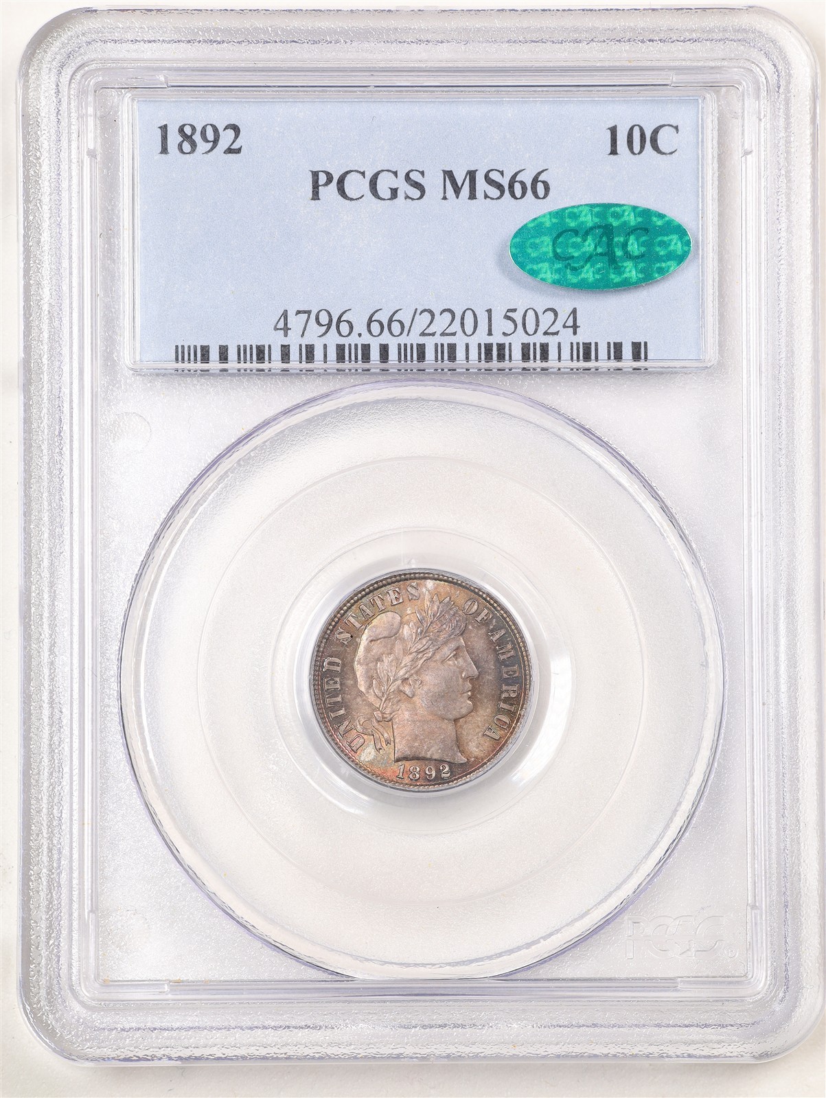 1892 10C Barber Liberty Head Dime MS66 PCGS CAC 22015024 Toned