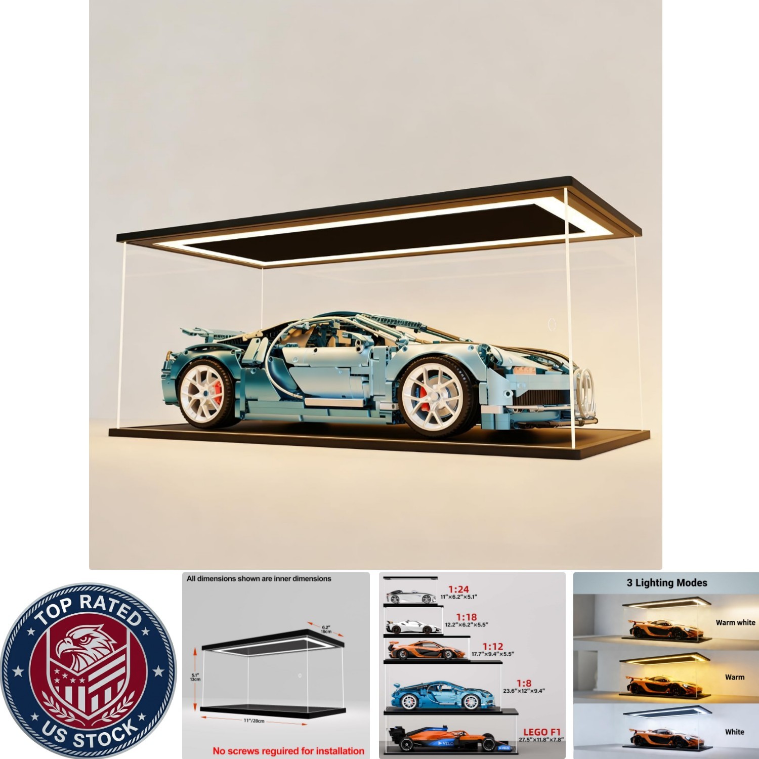 Durable Acrylic Display Box with LED Lighting for 1/18 & 1/24 Scale Collectibles