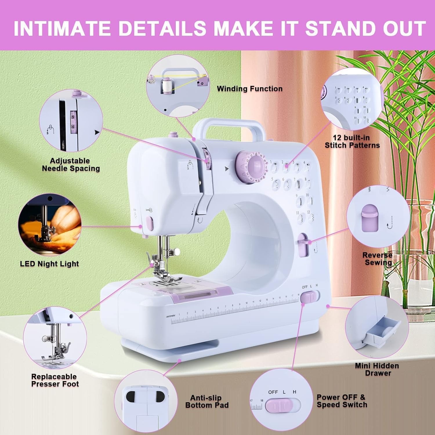 Lightweight 2-Speed Sewing Machine for Beginners & Kids - 12 Stitch Patterns