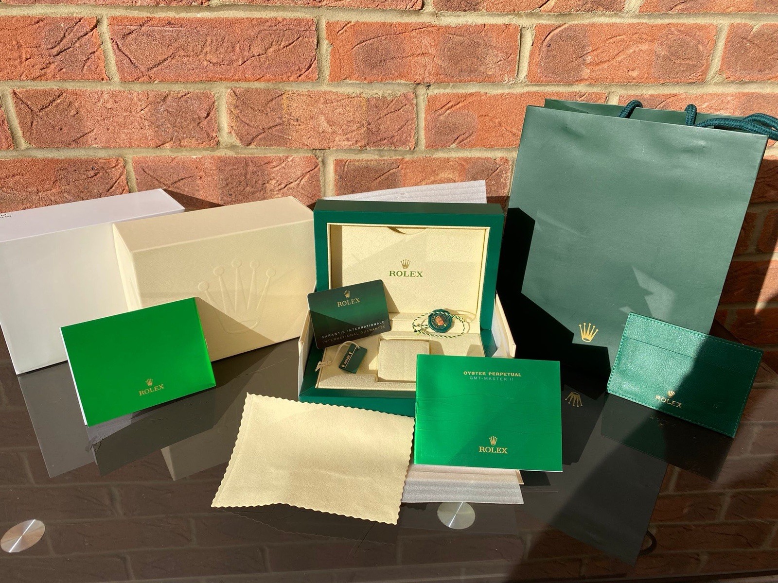 Rolex Single Watch Presentation Box Set Inner/Outer Boxes Bag Papers Green/Beige