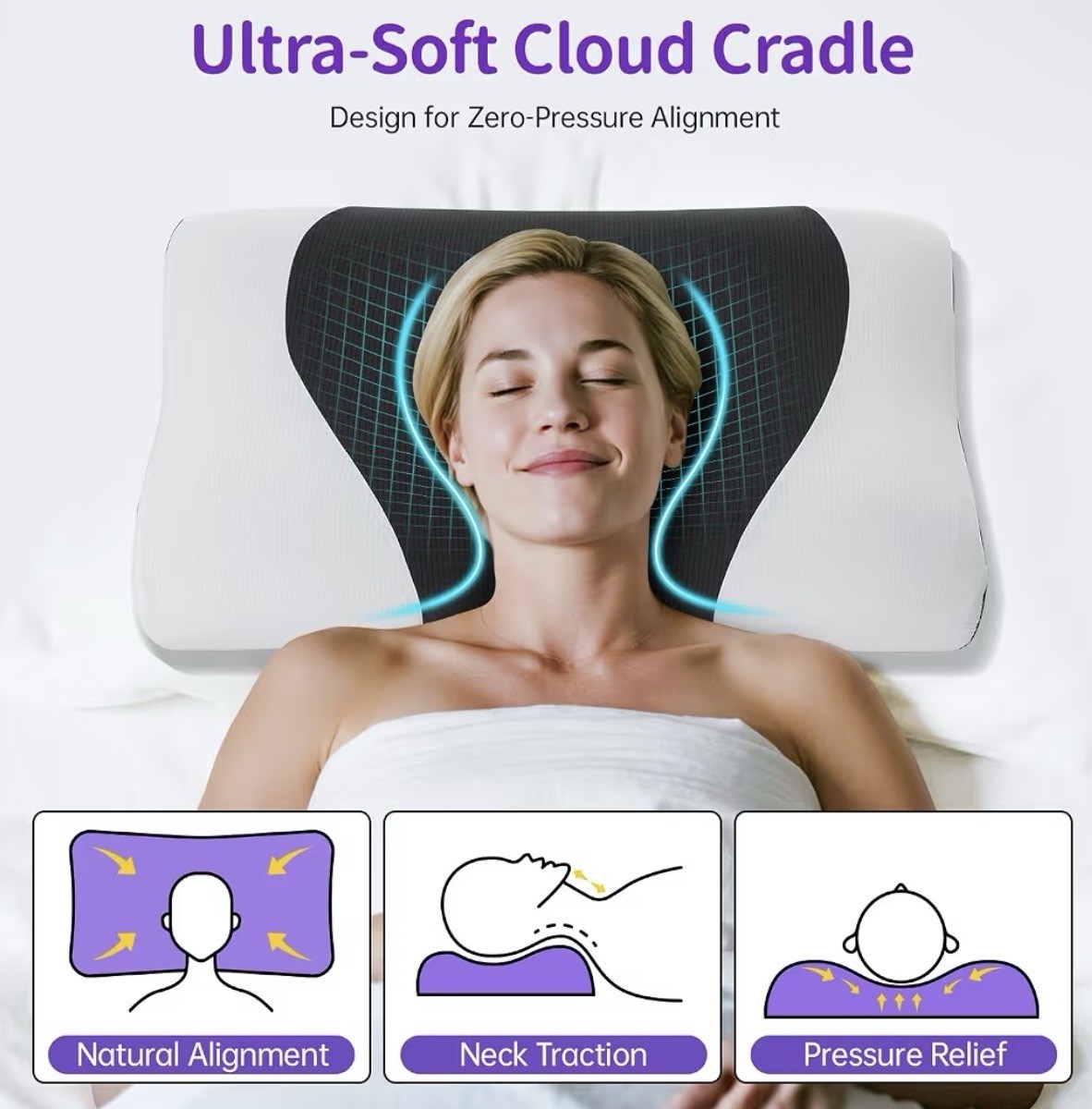 Cloud Align Pillow, Ergonomic Zero-Pressure Soft Memory Foam Pillow for Neck